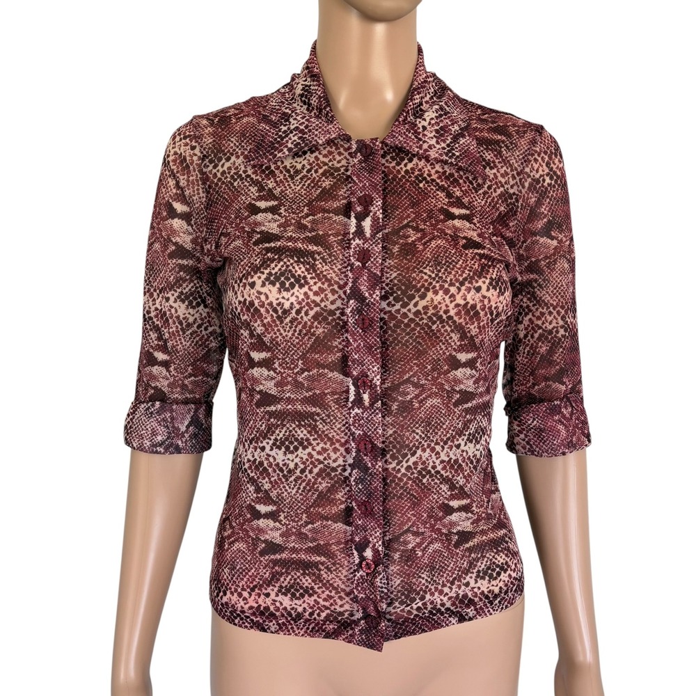 Bebe Vintage Y2K Snakeskin Mesh Button Down Shirt Burgundy S McBling Mob Wife